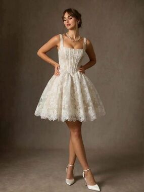 Azazie Nolicia ball gown wedding reception corset lace mini dress
